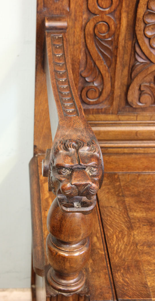 Antique Victorian Settle, Monks Bench Hall Seat, Antique Green Man Carved Oak Settle / Hall Seat / Monks Bench