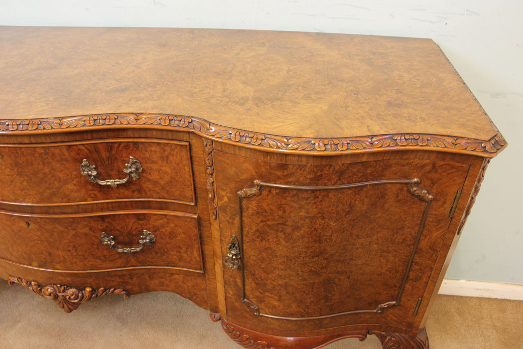 Antique Vintage Walnut Sideboard, Queen Anne Style Burr Walnut Sideboard Server,