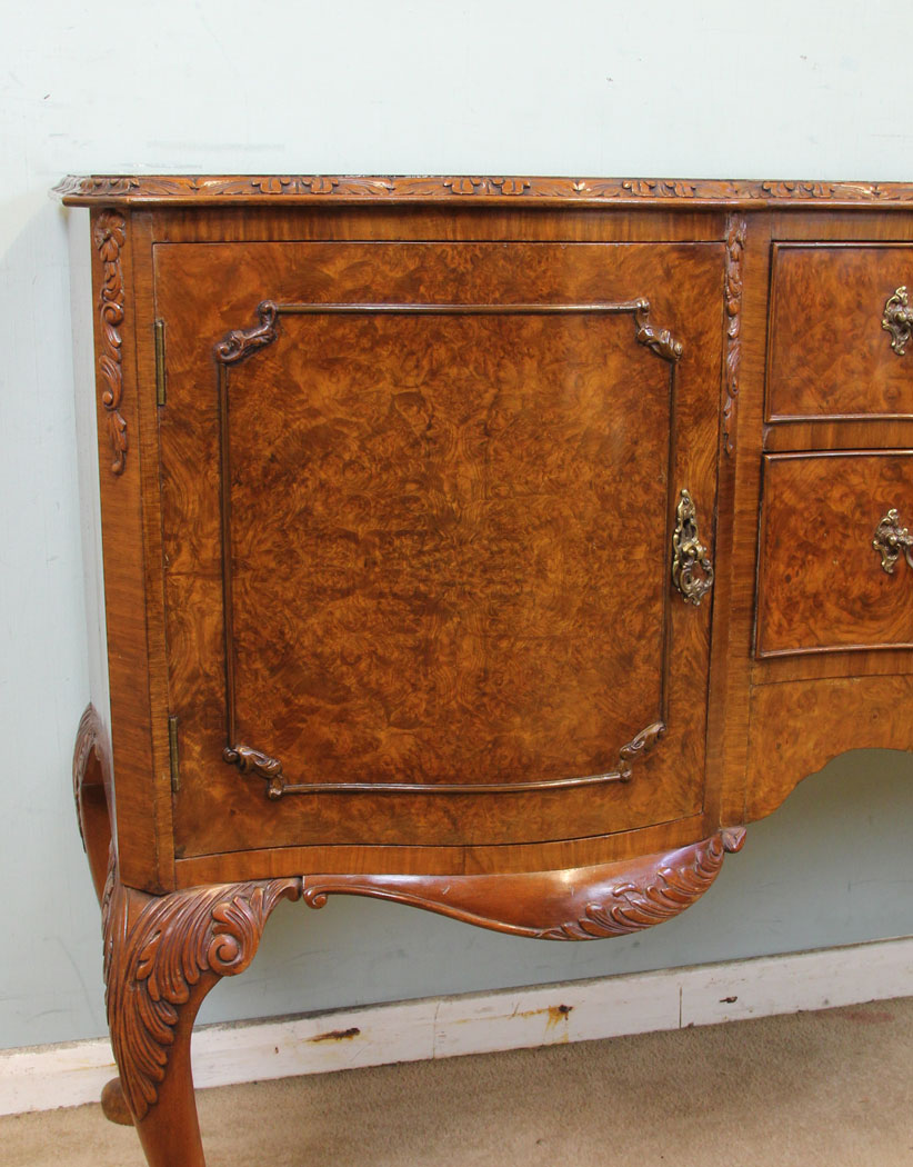 Antique Vintage Walnut Sideboard, London, Queen Anne Style Burr Walnut Sideboard Server,