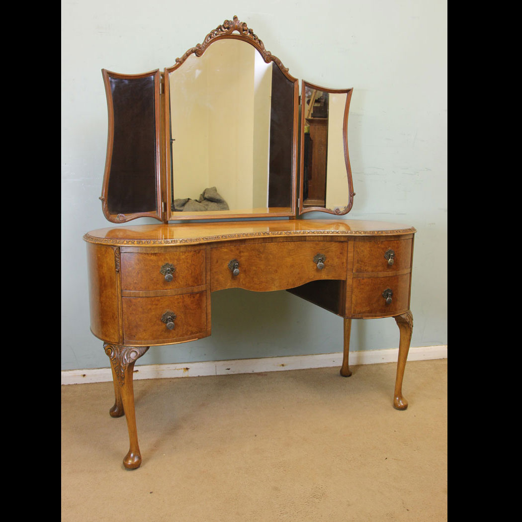 Antique Walnut Dressing Table, Antique Burr Walnut Triple Mirror Dressing Table