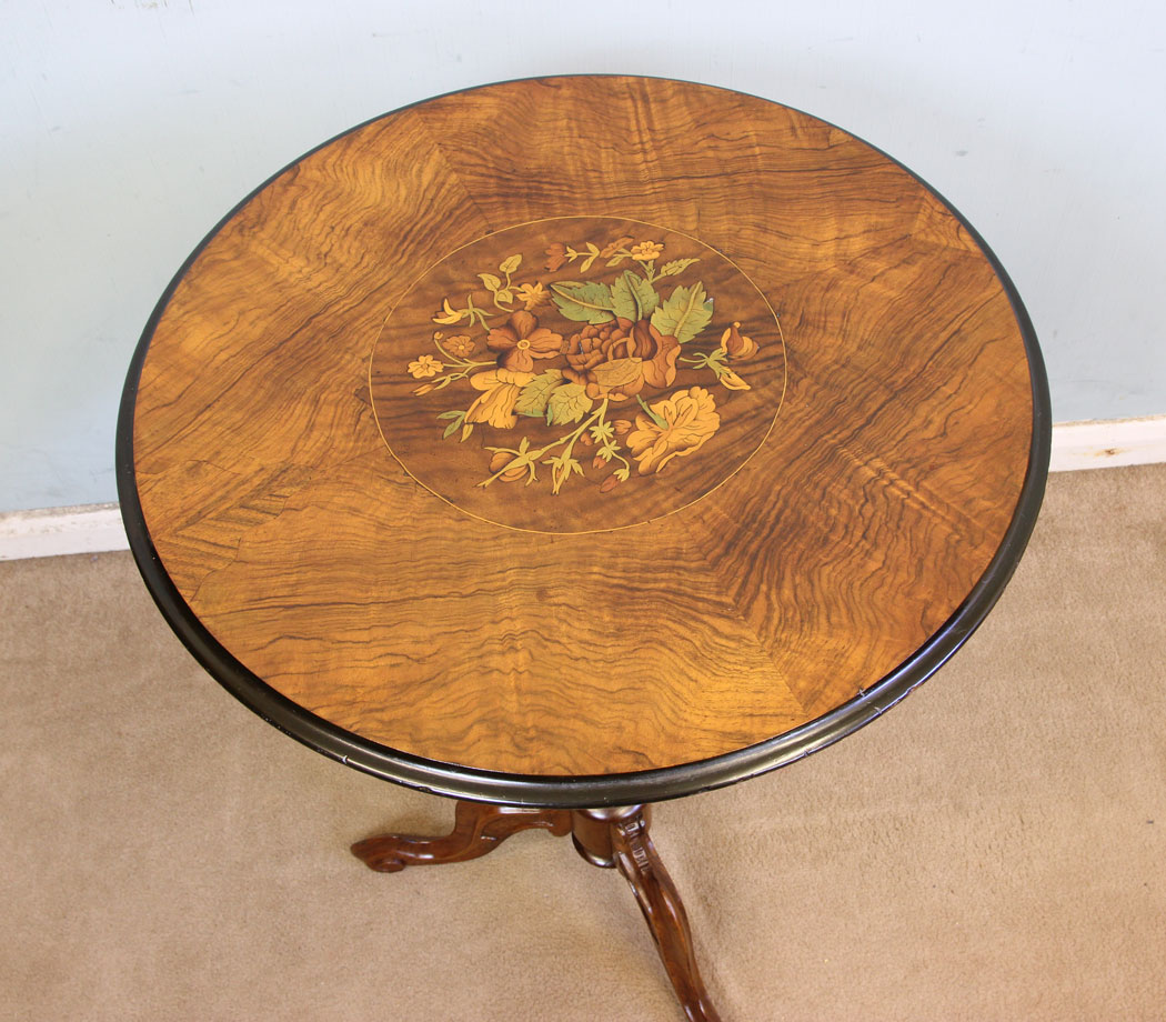 Antique Walnut Tripod Table, Antique Inlaid Marquetry Walnut Tripod Occasional Table