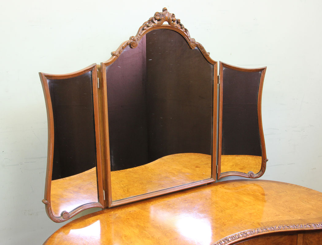 Dressing Table, Triple Mirrors, Antique Burr Walnut Triple Mirror Dressing Table
