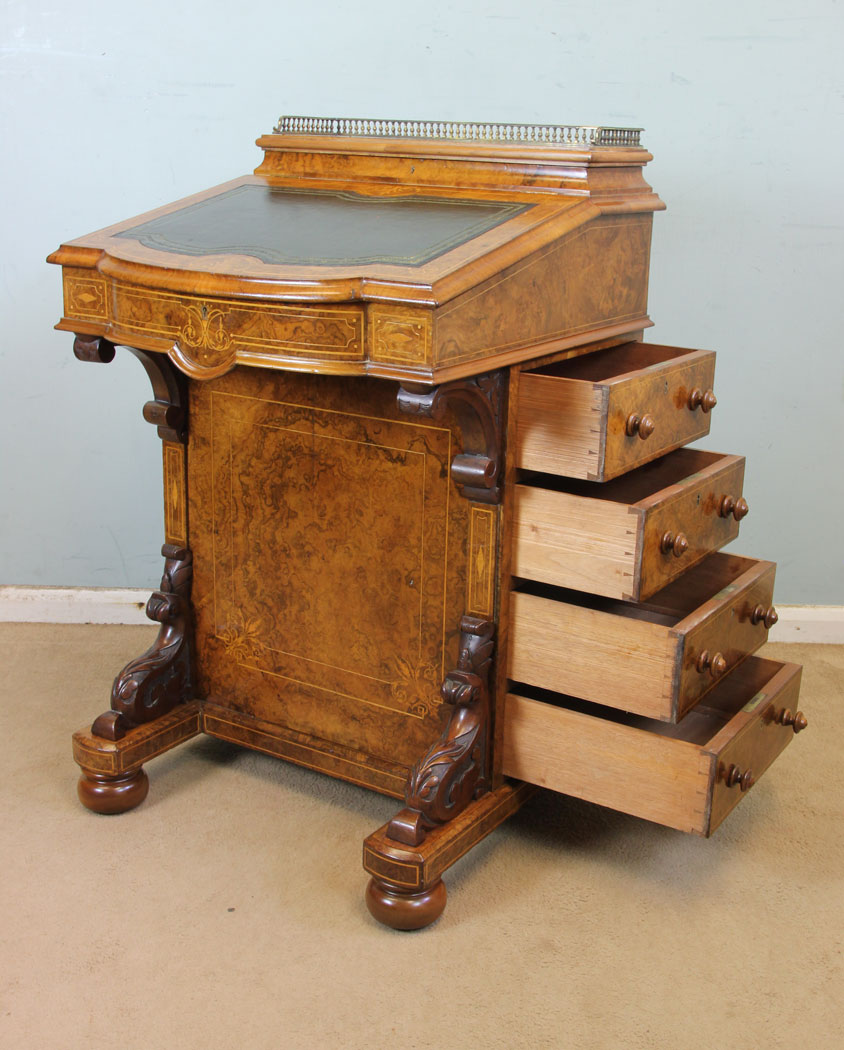 Antique Burr Walnut Davenport Desk, Lincolnshire, Victorian Inlaid Burr Walnut Davenport Writing Desk