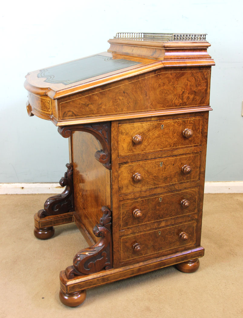 Antique Burr Walnut Davenport Desk, London, Victorian Inlaid Burr Walnut Davenport Writing Desk