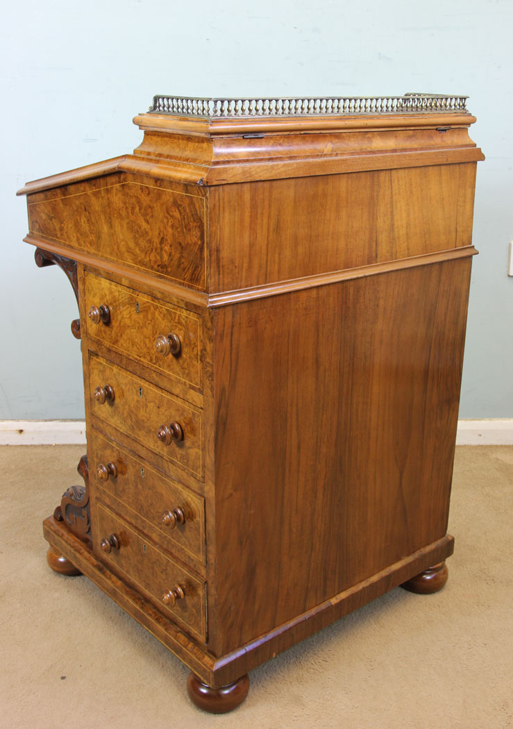 Antique Burr Walnut Davenport Writing Desk, Victorian Inlaid Burr Walnut Davenport Writing Desk