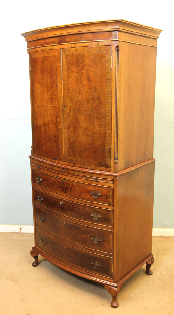 Antique Cupboard, Tallboy, Burr Walnut Bow Fronted Tallboy