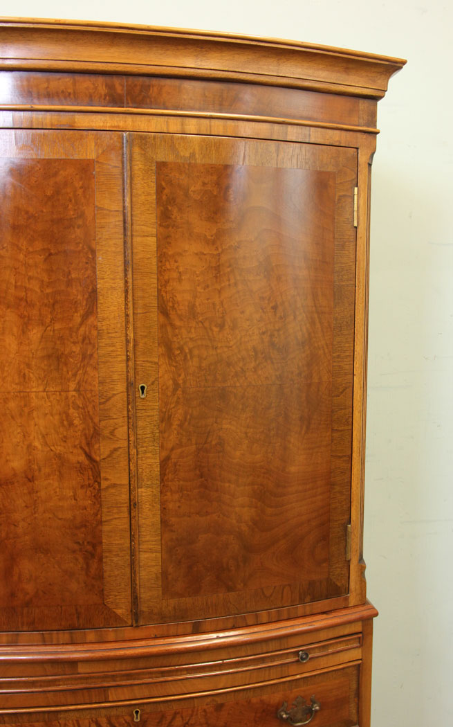 Antique Cupboard, Tallboy, Furniture, Burr Walnut Bow Fronted Tallboy