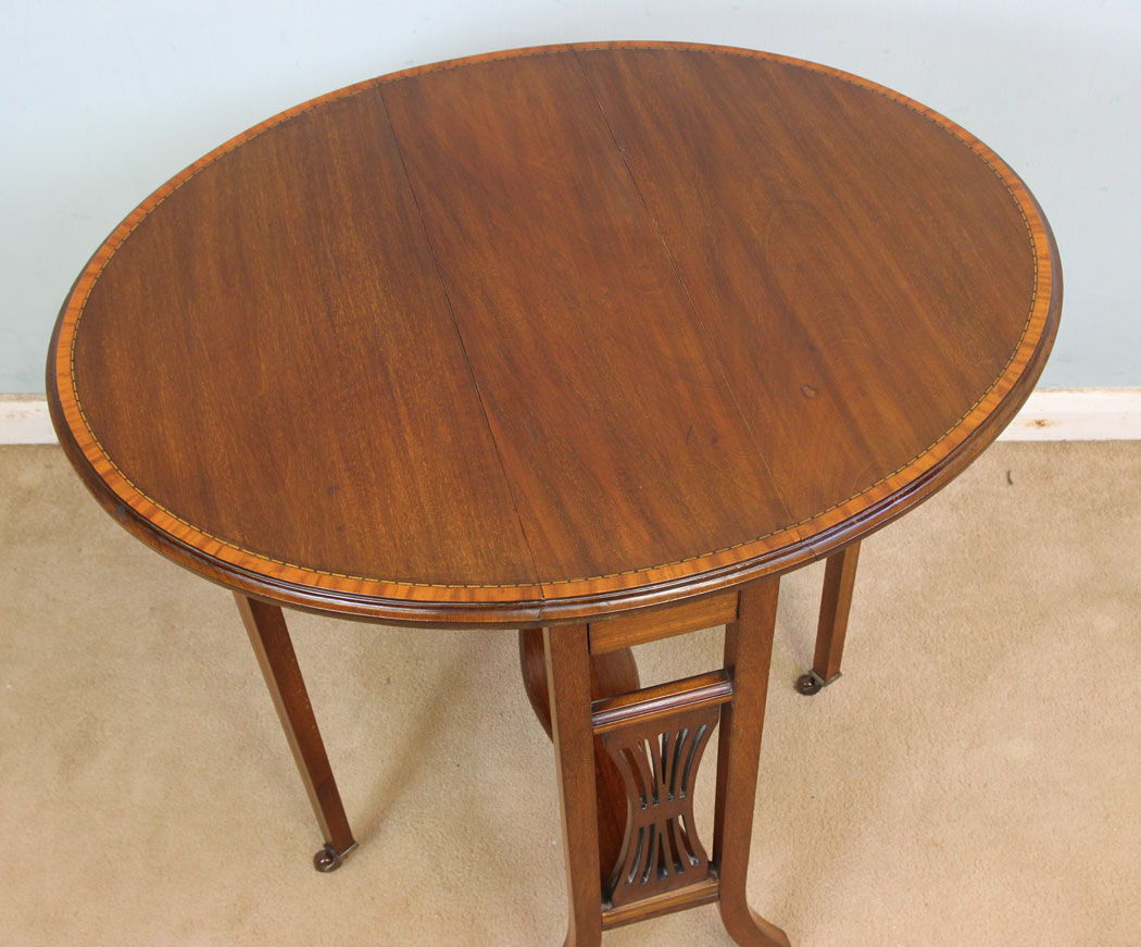 Antique Edwardian Coffee Sutherland Table, Antique Inlaid Mahogany Drop Leaf Sutherland Occasional Table.