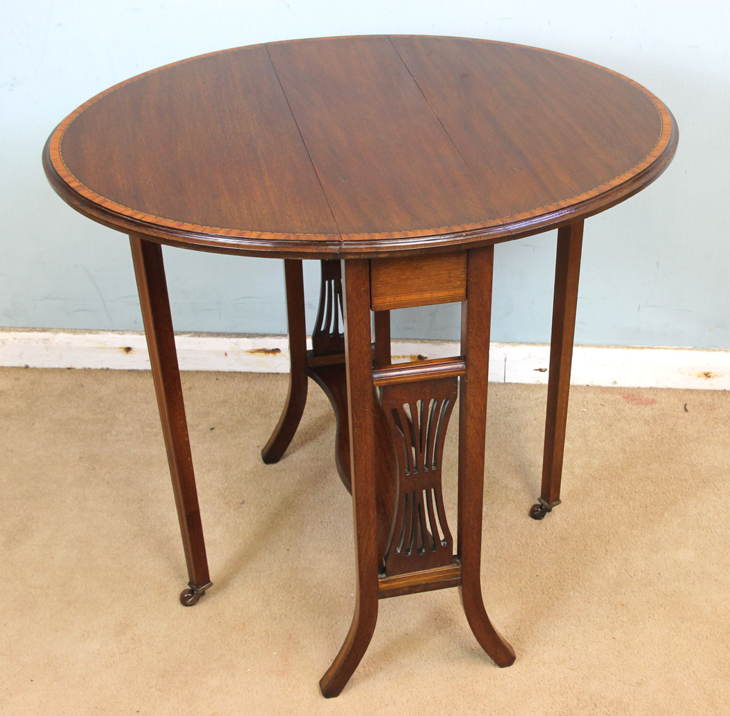 Antique Edwardian Sutherland Lamp Table, Antique Inlaid Mahogany Drop Leaf Sutherland Occasional Table.