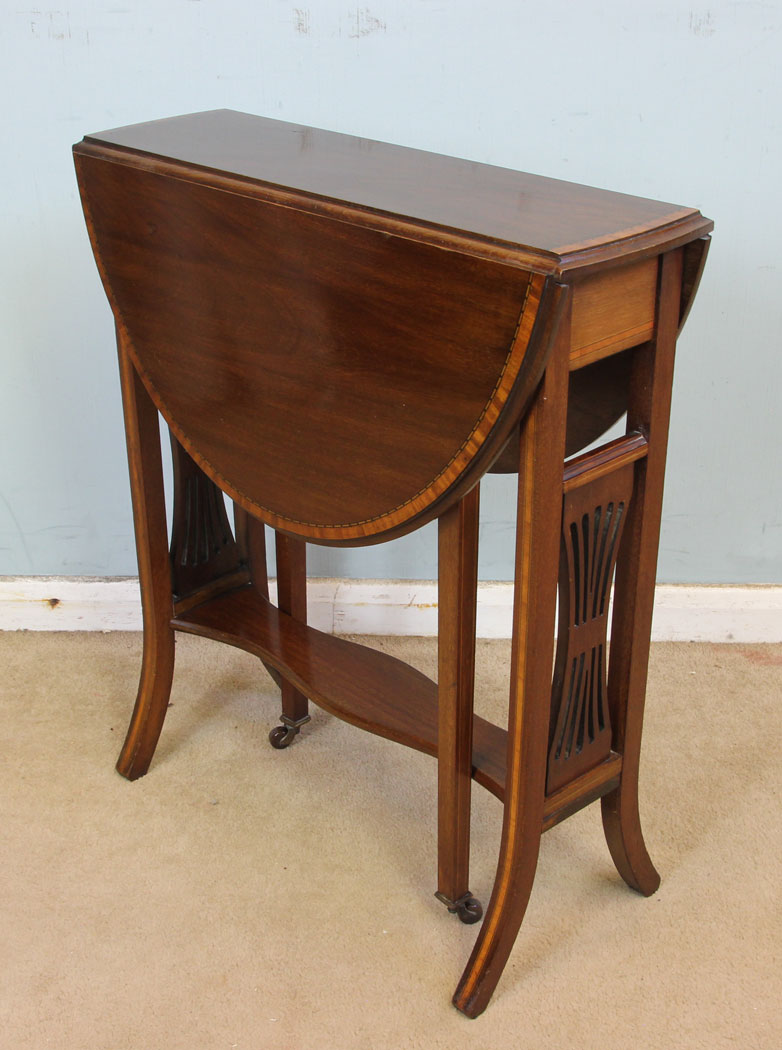 Antique Edwardian Sutherland Occasional Table, Antique Inlaid Mahogany Drop Leaf Sutherland Occasional Table.