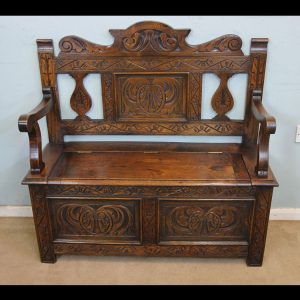 Antique Carved Oak Settle Hall Seat