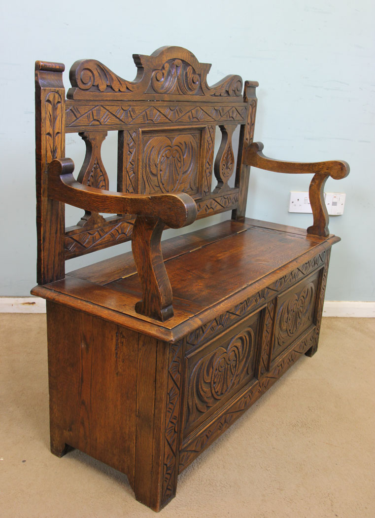 Antique Hall Seat, Monks Bench, Antique Carved Oak Settle Hall Seat