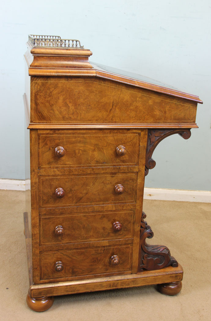 Antique Inlaid Burr Walnut Davenport Desk, Victorian Inlaid Burr Walnut Davenport Writing Desk
