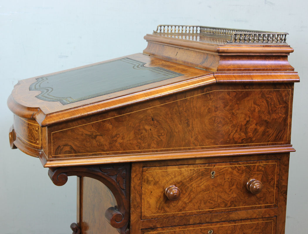 Antique Ladies Burr Walnut Davenport Desk, Victorian Inlaid Burr Walnut Davenport Writing Desk
