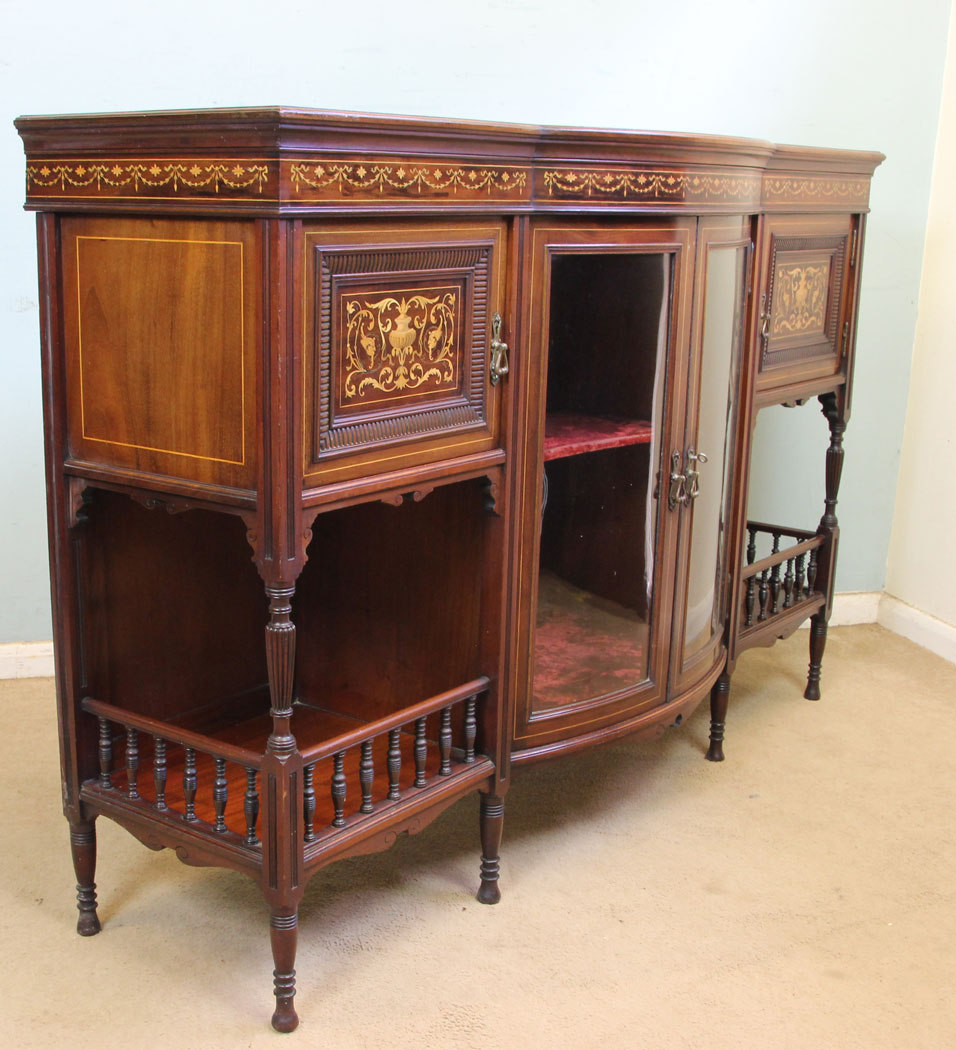 Antique Mahogany Cabinet, (2) Antique Mahogany Inlaid Sideboard Display Cabinet