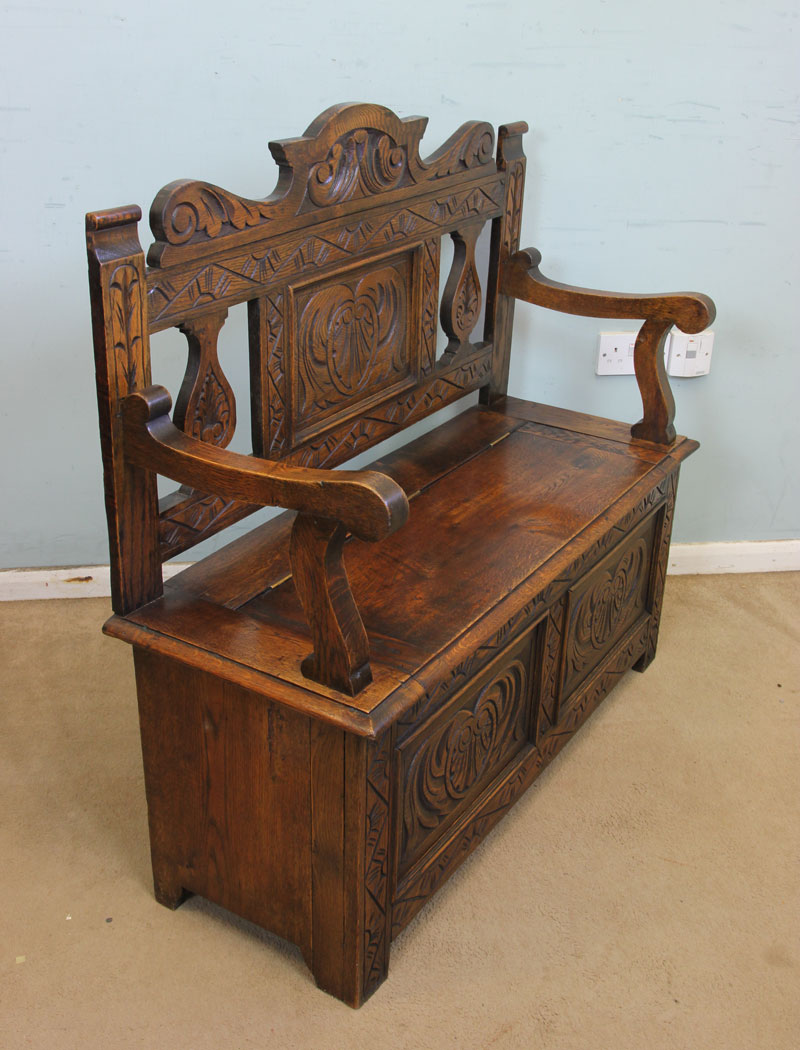 Antique Settle, Antique Carved Oak Settle Hall Seat