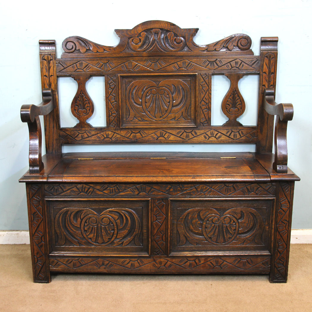 Antique Settle, Monks Bench, Antique Carved Oak Settle Hall Seat