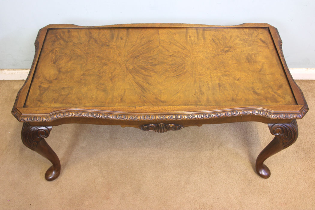 Antique Vintage Walnut Coffee Table, London, Burr Walnut Queen Anne Style Shaped Coffee Table