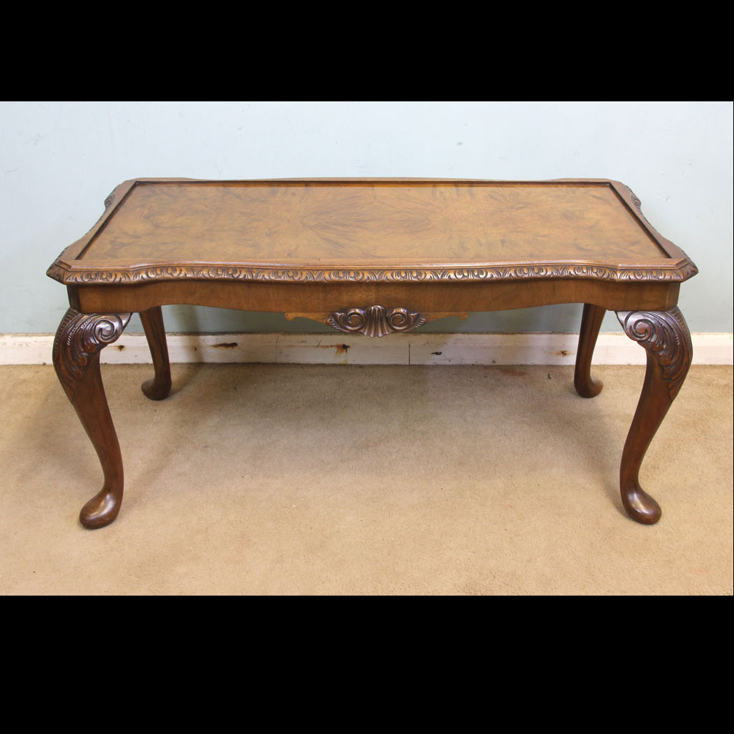 Antique Walnut Coffee Table, Burr Walnut Queen Anne Style Shaped Coffee Table