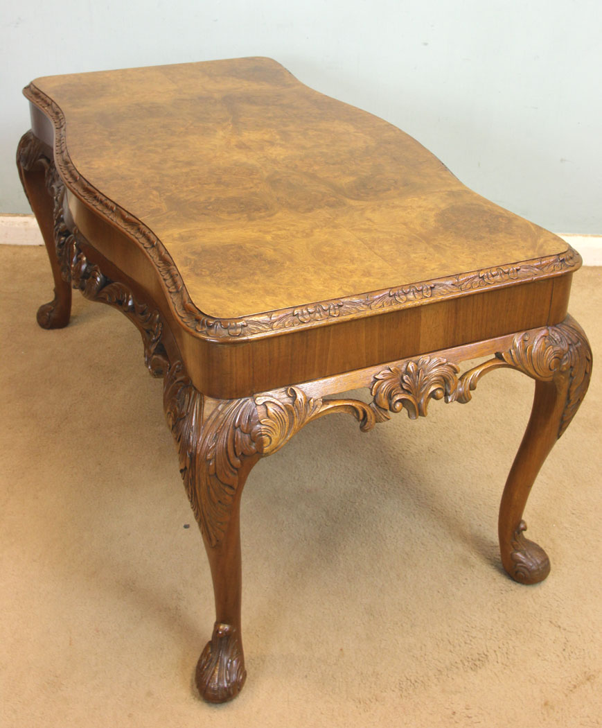 Antique Walnut Coffee Table, Norfolk, Queen Anne Style Burr Walnut Shaped Coffee Table