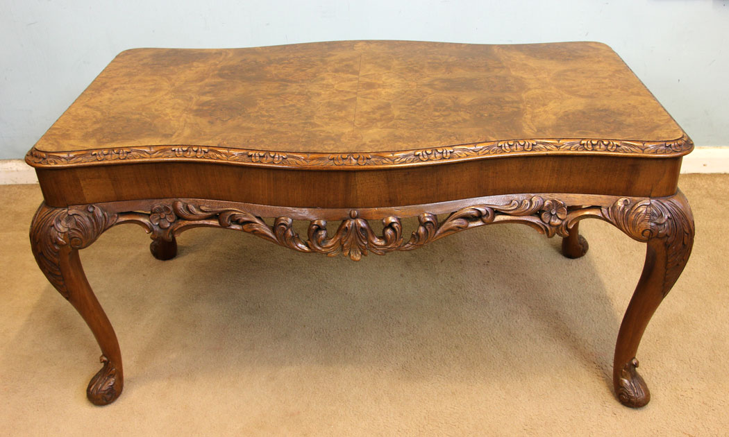 Antique Walnut Coffee Table, The Antique Shop, Queen Anne Style Burr Walnut Shaped Coffee Table