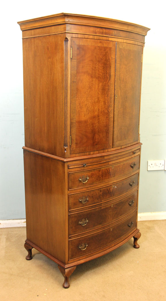 Antique Walnut Cupboard, Tallboy, Burr Walnut Bow Fronted Tallboy