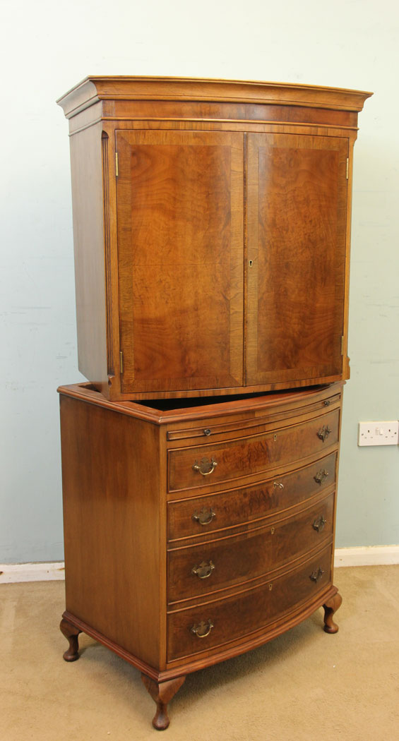 Antique Walnut Cupboard, Tallboy, Bedroom Furniture, Burr Walnut Bow Fronted Tallboy
