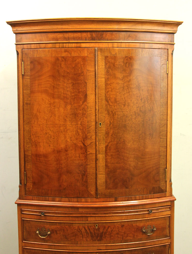 Antique Walnut Cupboard, Tallboy, Chest Drawers, Burr Walnut Bow Fronted Tallboy