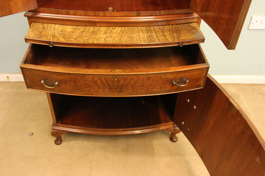 Antique Walnut Cupboard, Tallboy, Furniture, Burr Walnut Bow Fronted Tallboy