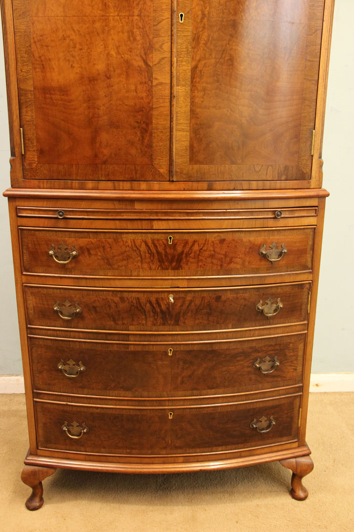 Antique Walnut Cupboard, Tallboy, London, Burr Walnut Bow Fronted Tallboy