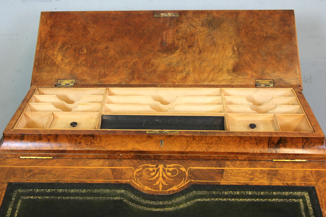 Burr Walnut Davenport Desk, Victorian Inlaid Burr Walnut Davenport Writing Desk