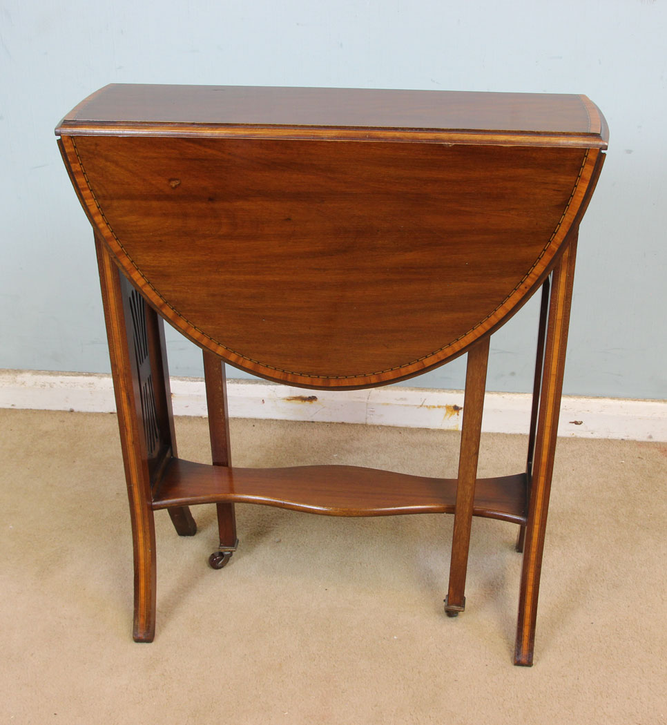 The Antique Shop Antique Edwardian Sutherland Table, Antique Inlaid Mahogany Drop Leaf Sutherland Occasional Table.
