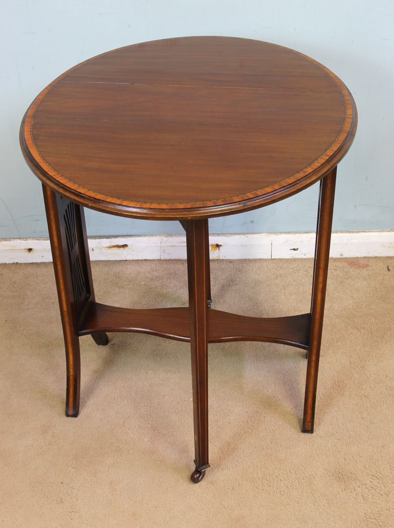 The Antique Shop Antique Inlaid Mahogany Edwardian Sutherland Table, Antique Inlaid Mahogany Drop Leaf Sutherland Occasional Table.