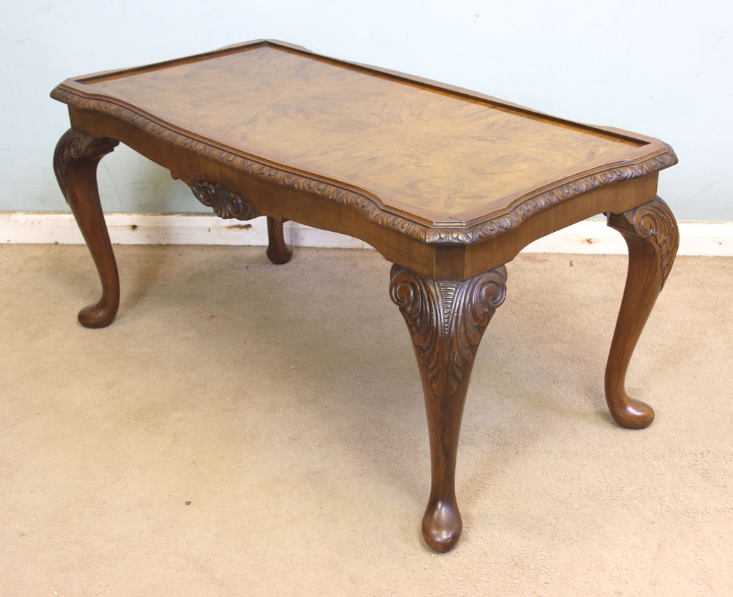 The Antique Shop Antique Walnut Coffee Table, Burr Walnut Queen Anne Style Shaped Coffee Table