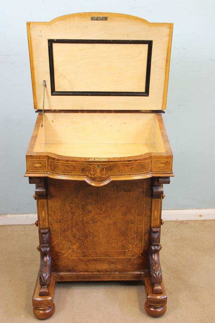 Victoria Burr Walnut Davenport Desk, Victorian Inlaid Burr Walnut Davenport Writing Desk