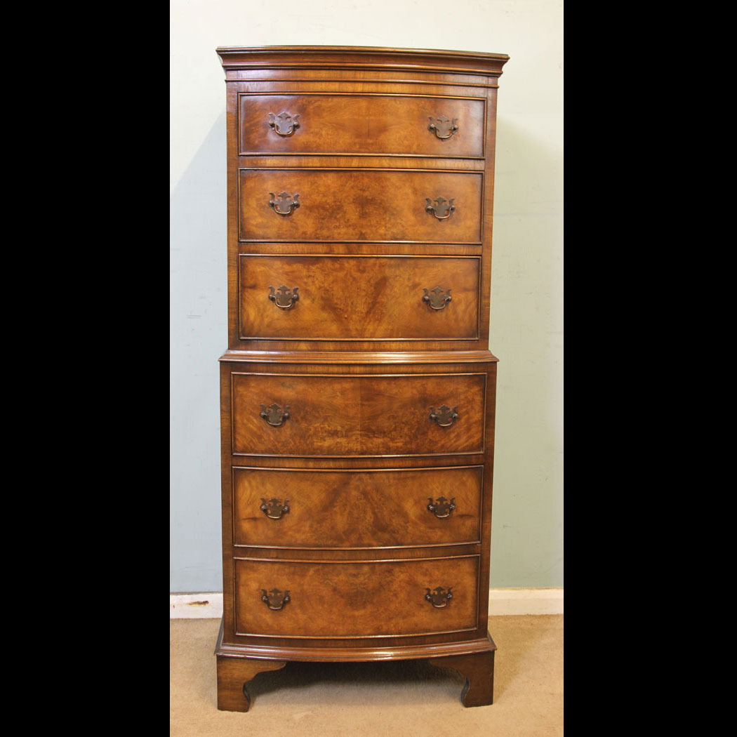 Antique Burr Walnut Chest Drawers, Chest, on, Chest, Burr Walnut Bow Front Chest on Chest
