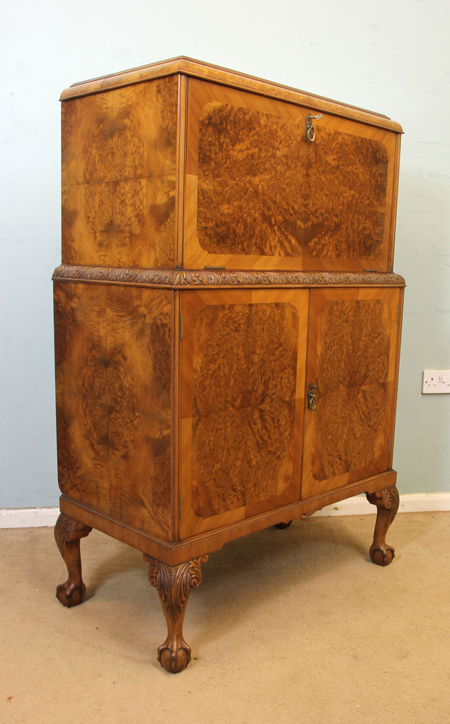 11233r2 Antique Burr Walnut Cocktail Drinks Cabinet, Burr Walnut Cocktail Drinks Cabinet