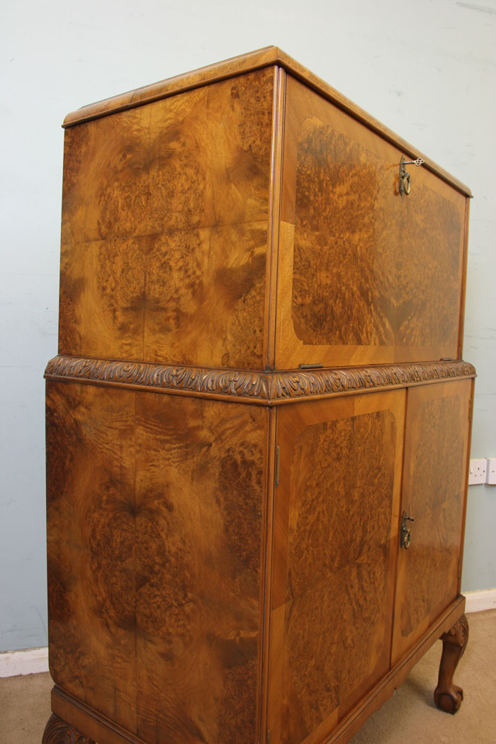 11233r5 Antique Burr Walnut Cocktail Drinks Cabinet, Burr Walnut Cocktail Drinks Cabinet