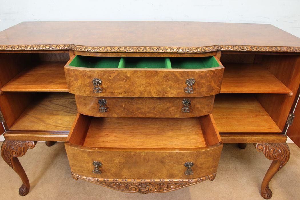 11234r10 Antique Burr Walnut Sideboard Server, Burr Walnut Queen Anne Style Sideboard