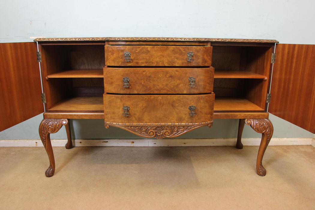 11234r11 Antique Burr Walnut Sideboard Server, Burr Walnut Queen Anne Style Sideboard