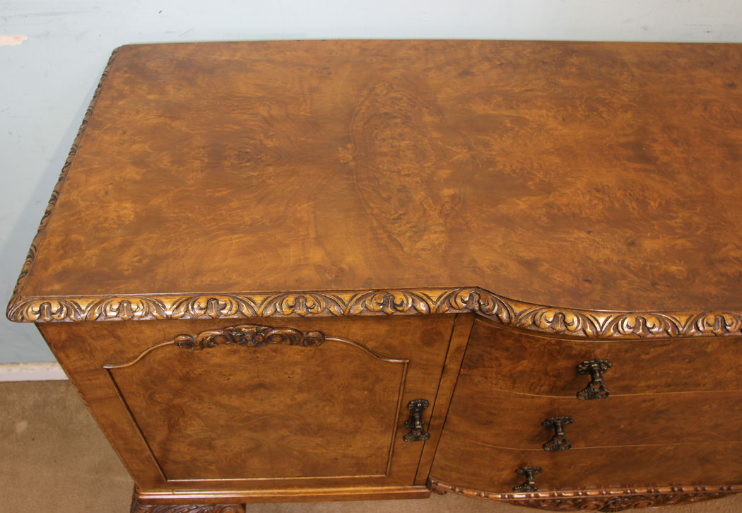 11234r9 Antique Burr Walnut Sideboard Server, Burr Walnut Queen Anne Style Sideboard