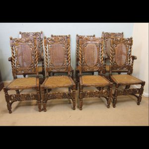 Antique Set of Eight Jacobean Style Walnut Dining Chairs