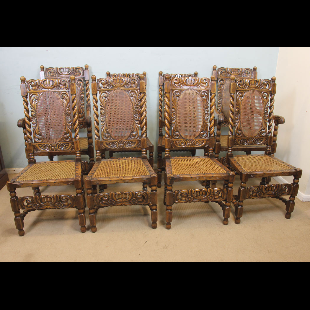 11259r01 Set Eight Antique Carolean Style Walnut Dining Chairs, Antique Set of Eight Jacobean Style Walnut Dining Chairs