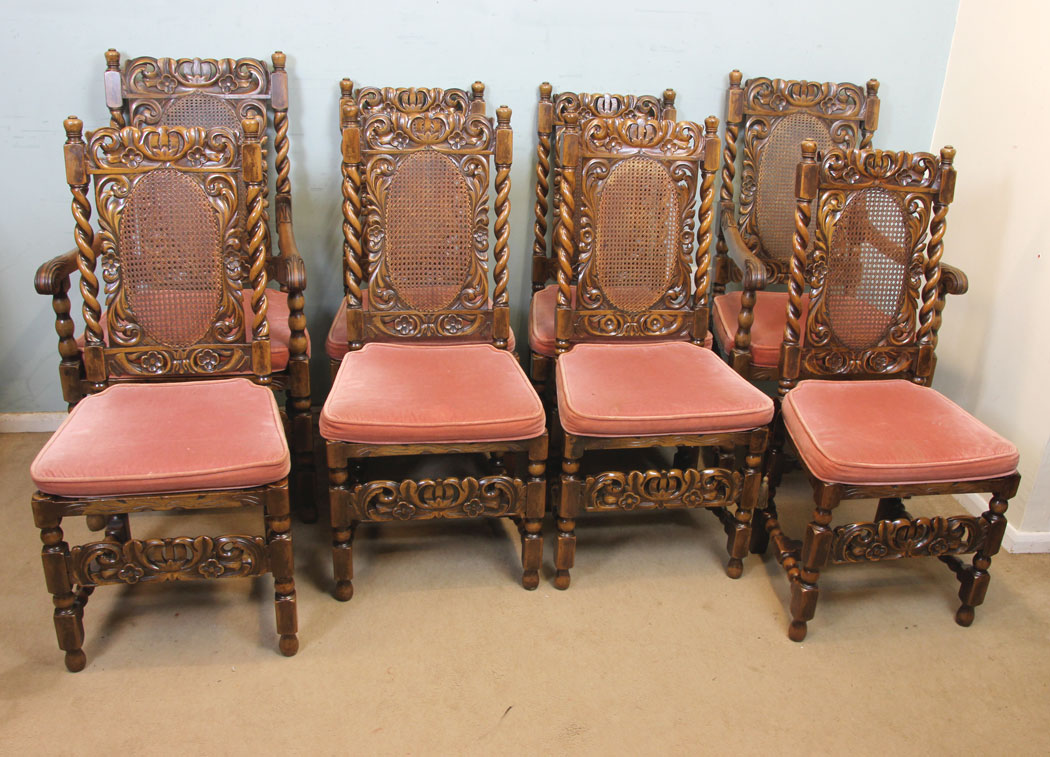 11259r2 Set Eight Antique Carolean Style Walnut Dining Chairs, Antique Set of Eight Jacobean Style Walnut Dining Chairs