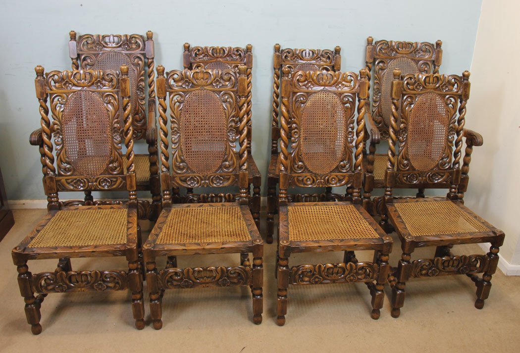 11259r21 Set Eight Antique Carolean Style Walnut Dining Chairs, Antique Set of Eight Jacobean Style Walnut Dining Chairs