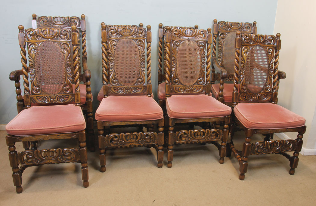 11259r22 Set Eight Antique Carolean Style Walnut Dining Chairs, Antique Set of Eight Jacobean Style Walnut Dining Chairs