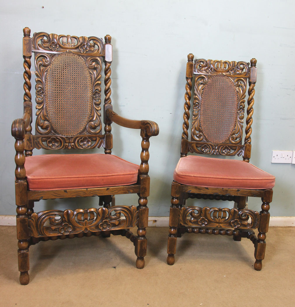 11259r3 Set Eight Antique Walnut Dining Chairs, Antique Set of Eight Jacobean Style Walnut Dining Chairs
