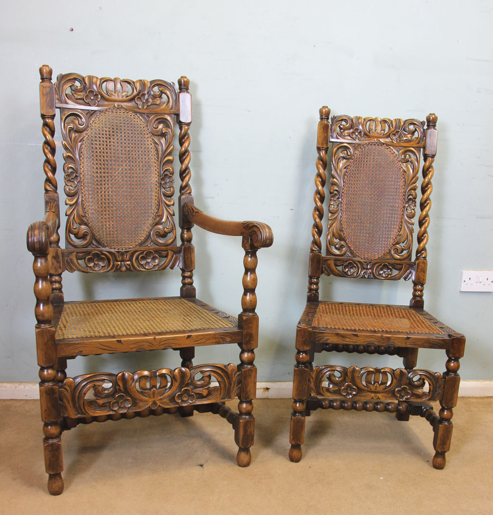 11259r4 Set Eight Antique Walnut Dining Chairs, Antique Set of Eight Jacobean Style Walnut Dining Chairs