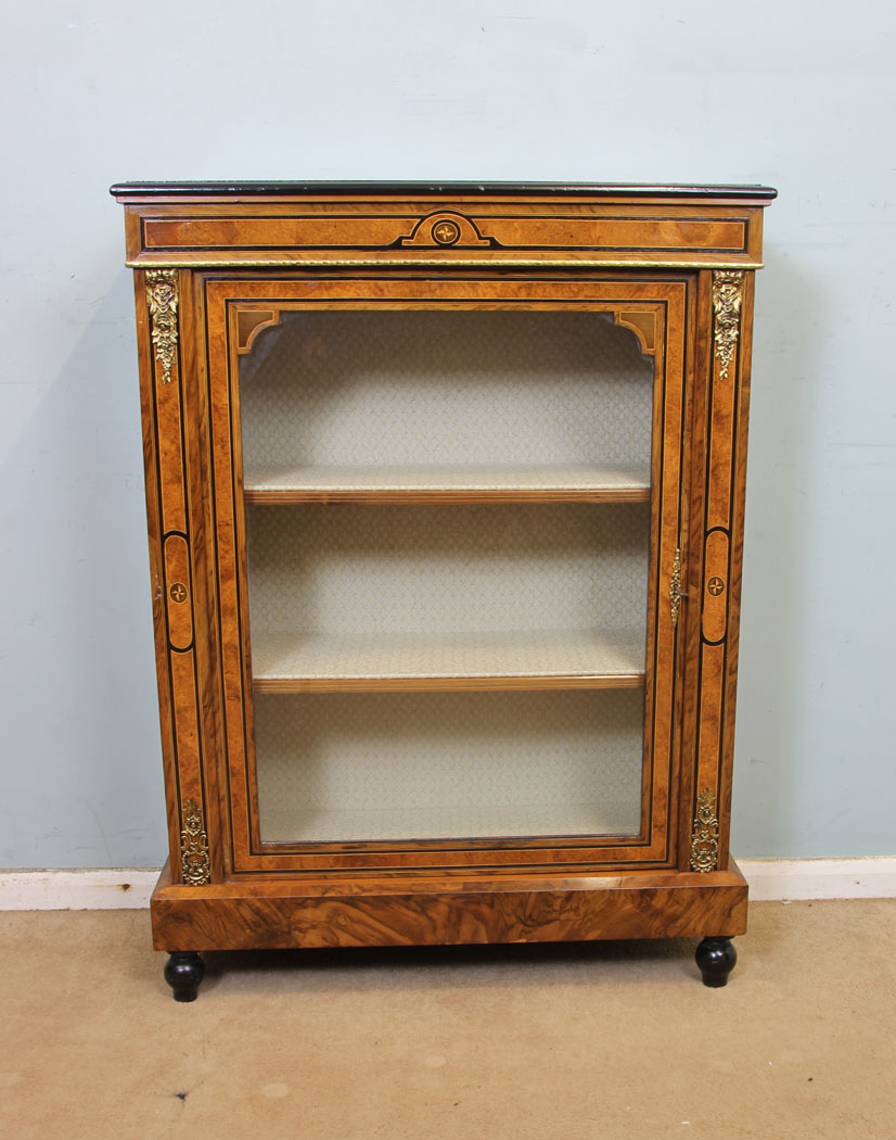 11260r12 Antique Burr Walnut Pier Cabinet, Antique Victorian Burr Walnut Pier Display Cabinet
