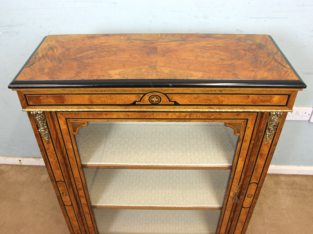 11260r5 Antique Victorian Display Cabinet, Antique Victorian Burr Walnut Pier Display Cabinet